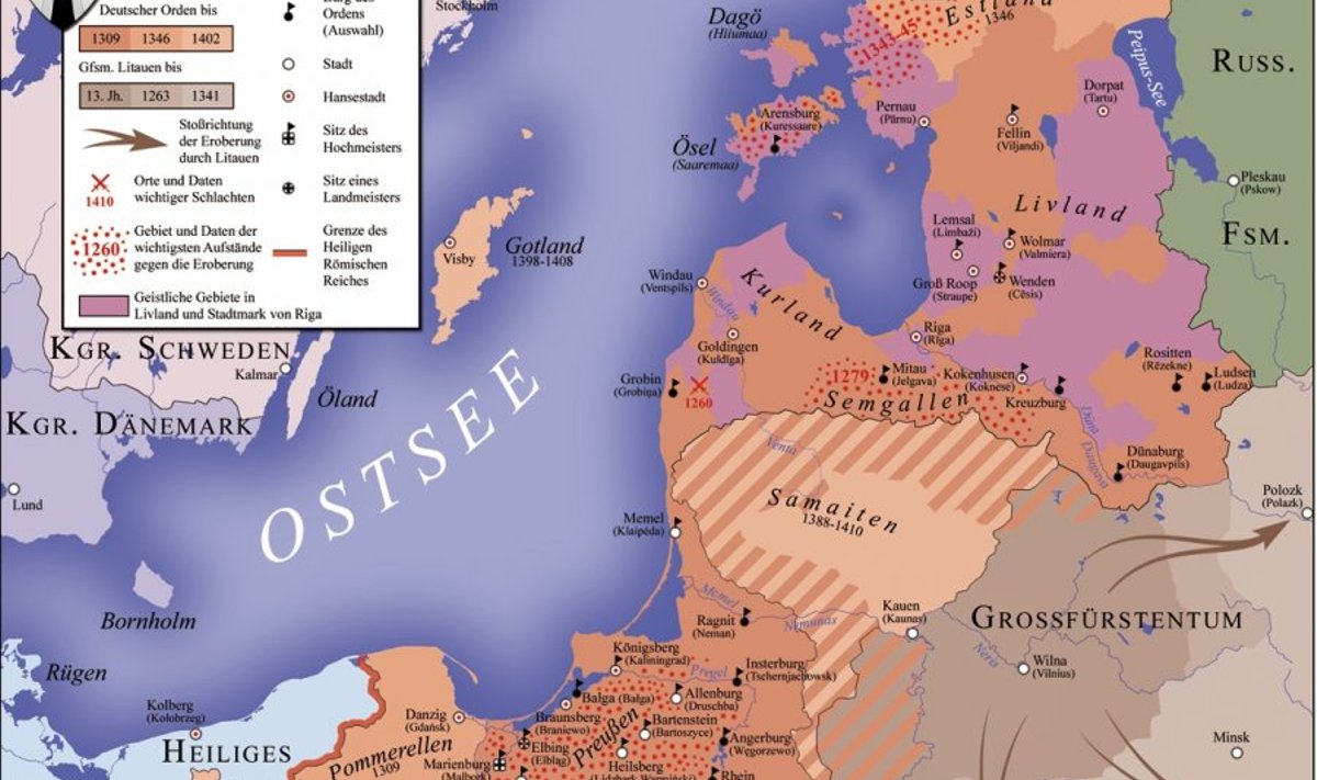 Saksakeelne kaart orduvaldustest vahemikus 1260-1410. Täpitatud aladel preislaste, semgalite ja eestlaste ülestõusud.