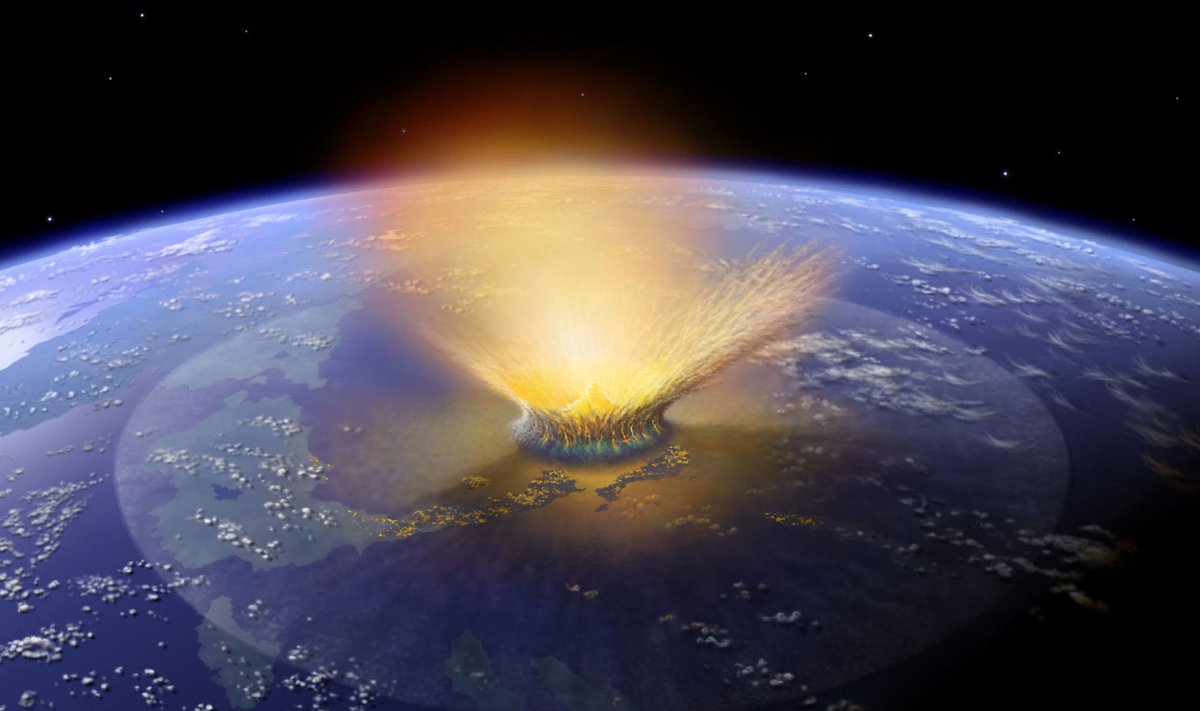 Arvutianimatsioon 165 miljonit aastat tagasi toimunud asteroidi kokkupõrkest Maaga, mille tulemusena saurused otsa said.