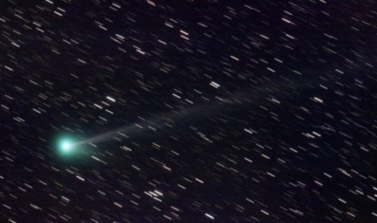 Jaanikuus paistab ametlikku nime C/2009 R1 kandev komeet Koidu ja Hämariku suudluse ajal põhjakaares.  Foto: PRIMOŽ CIGLER, WIKIPEDIA