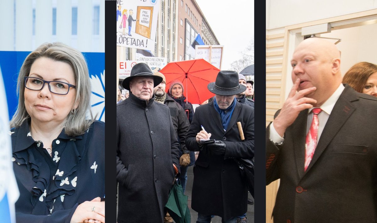 Tallinna linnavolikogu liige Kairet Remmak-Grassmann, isa-poeg Helmed protestil, vandeadvokaat Urmas Simon paremal. 