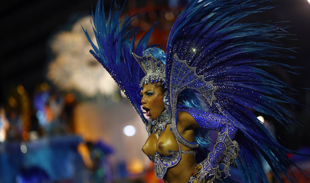 A reveller from the Unidos de Bangu samba school  takes part in the Group A category of the annual Carnival parade in Rio de Janeiro's Sambadrome