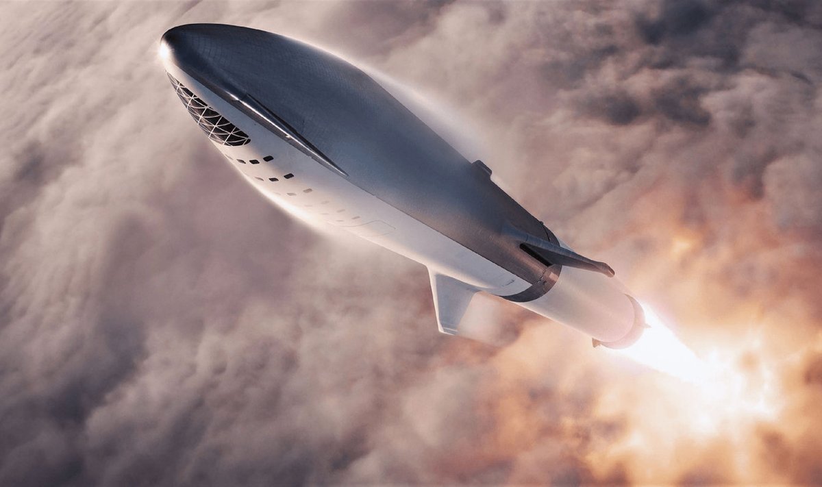 Kunstniku kujutis õhku tõusvast Starshipi raketist