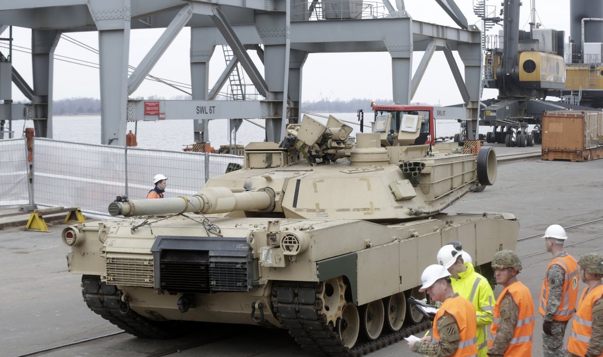 An Abrams MBT leaves Riga port