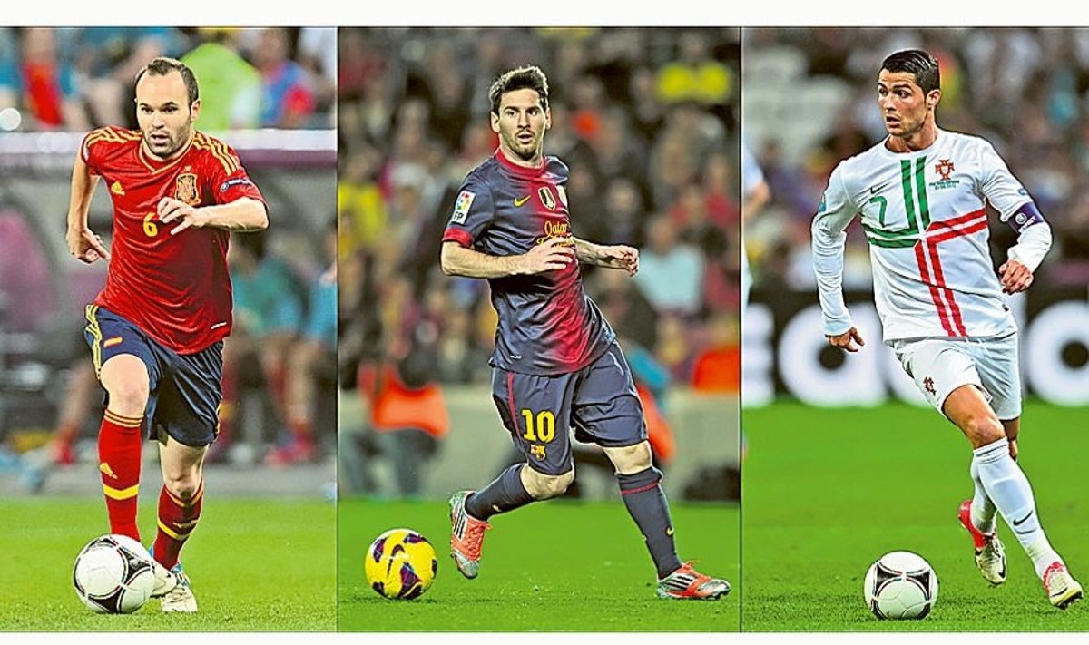 Kolm kanget: Andrés Iniesta, Lionel Messi ja Cristiano Ronaldo. Üks neist võidab kuldse palli
