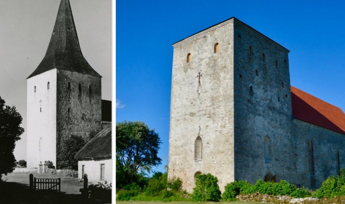 Pöide kirik enne põlengut ja tänapäeval.
