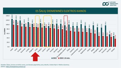 Keskmised elektri hulgimüügihinnad Euroopa riikides, 2023. aasta ja 2024. aasta esimese kaheksa kuu jooksul. Allikas: LEA; andmed: entsoe.eu