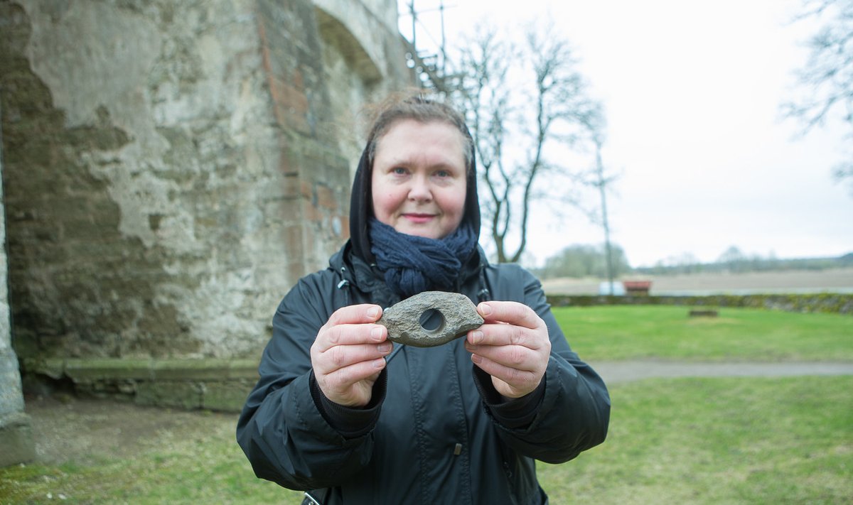 Kunstnik ja arheoloogiahuviline Silvi Lepparu näitas Pihtla kandist leitud kivikirvest, mille uurimine võib võtta mitu kuud.
