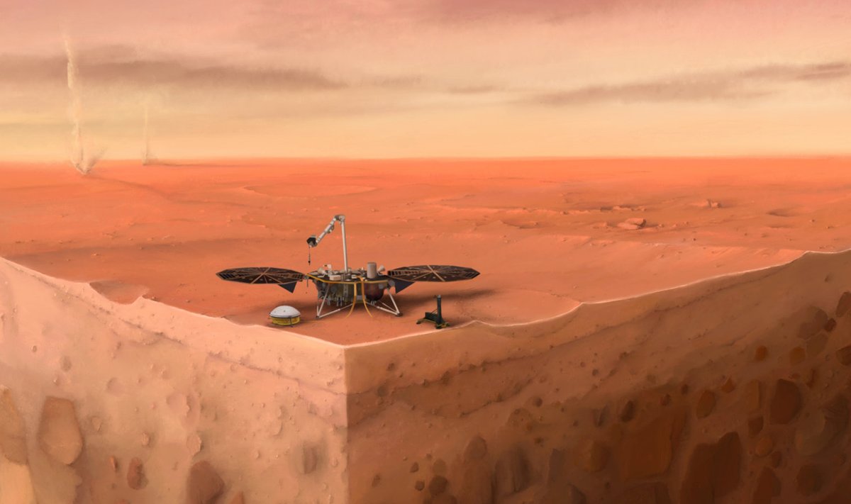 Kunstniku nägemus InSight maandurist Marsil andmeid kogumas