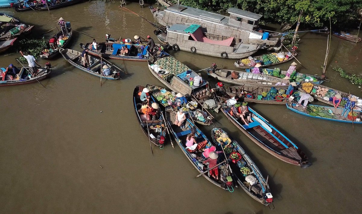 Jõel on Lõuna-Vietnamis eluline tähtsus. Can Tho linna juures ujuval turul käib iga päev vilgas kauplemine.