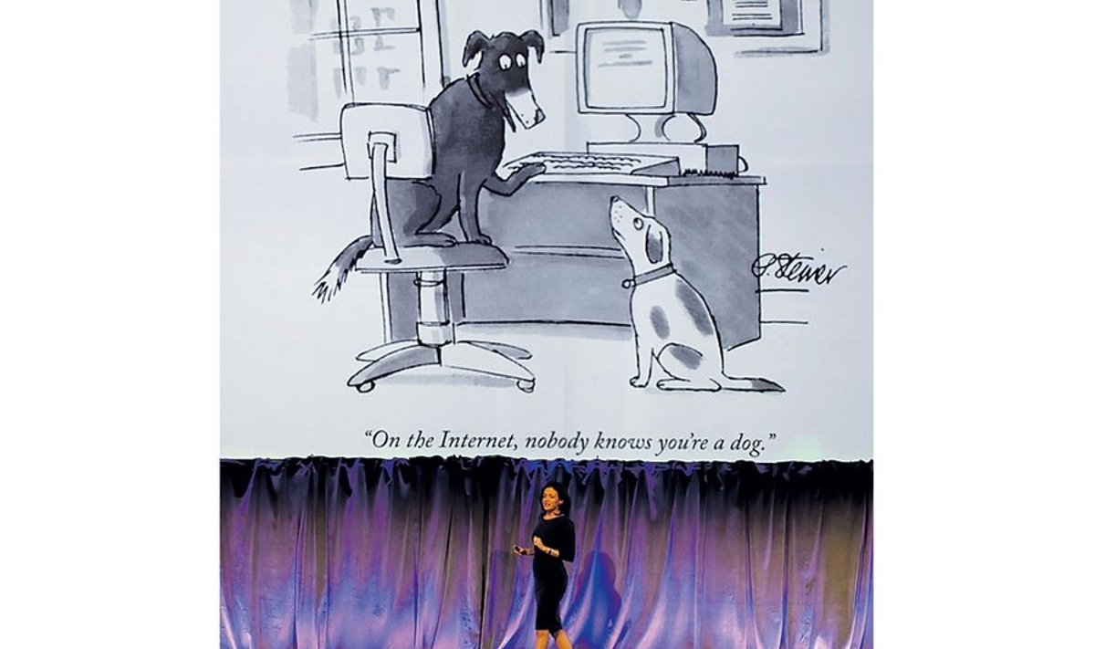 „Internetis ei tea keegi, et sa oled koer.” Facebooki üks juhte Sheryl Sandberg esinemas tänavu veebruaris ajakirja The New Yorker karikatuuri taustal
