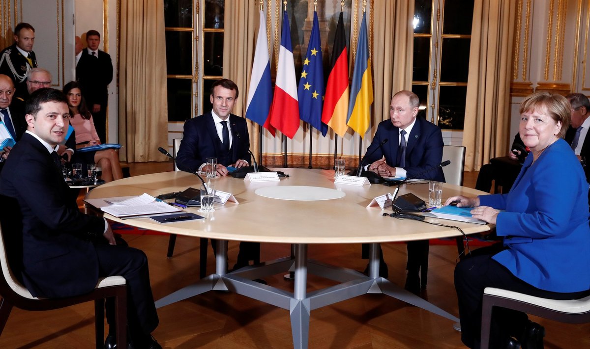 Normandia neliku kohtumine 2019. aastal. Ukraina president Volodõmõr Zelenskõi, Prantsumaa riigipea Emmanuel Macron, Venemaa president Vladimir Putin ja Saksamaa liidukantsler Angela Merkel.