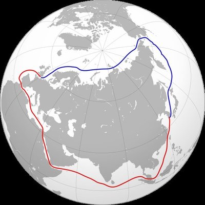 Kirdeväil on tähistatud sinisega, Kaug-Ida ja Euroopa vaheline teekond läbi Suessi kanali punasega.