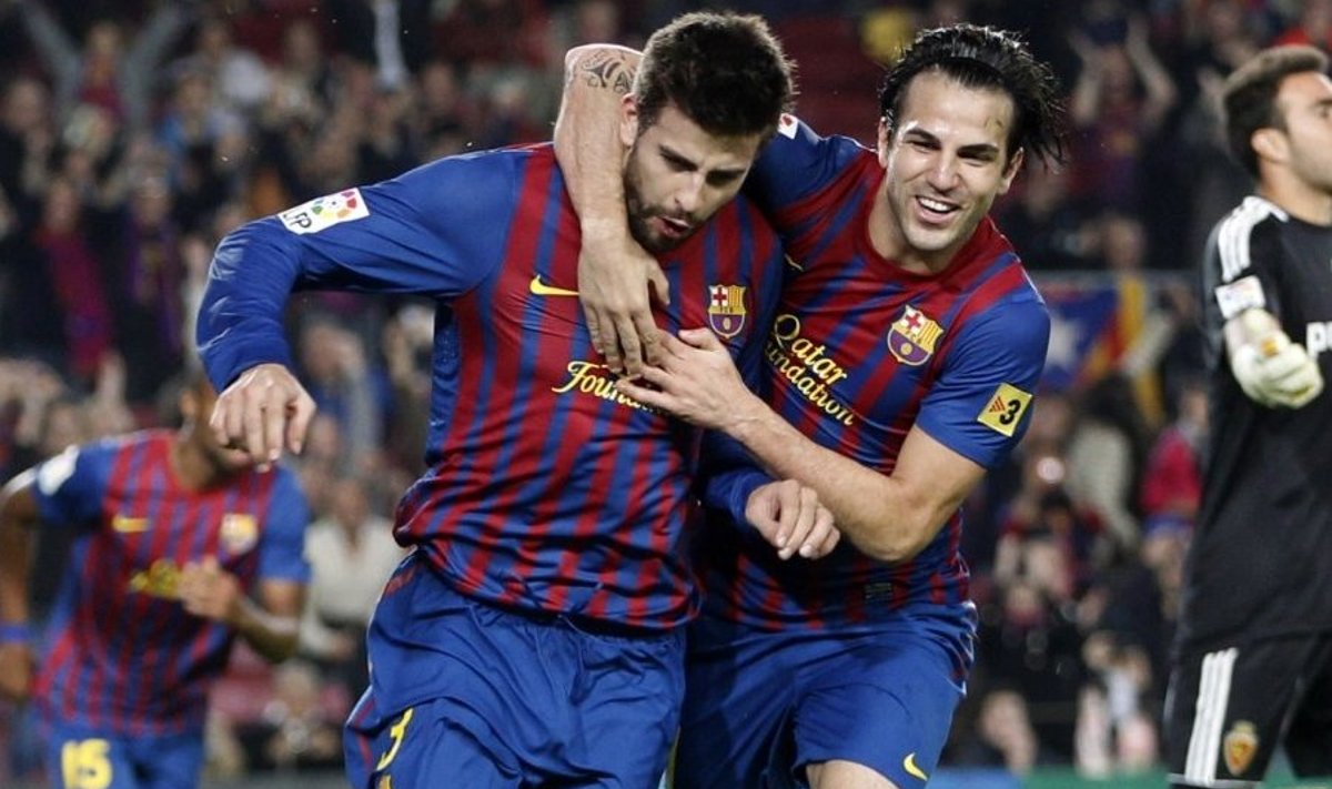 Gerard Pique ja Cesc Fabregas (paremal) värava üle rõõmustamas, FC Barcelona, jalgpall