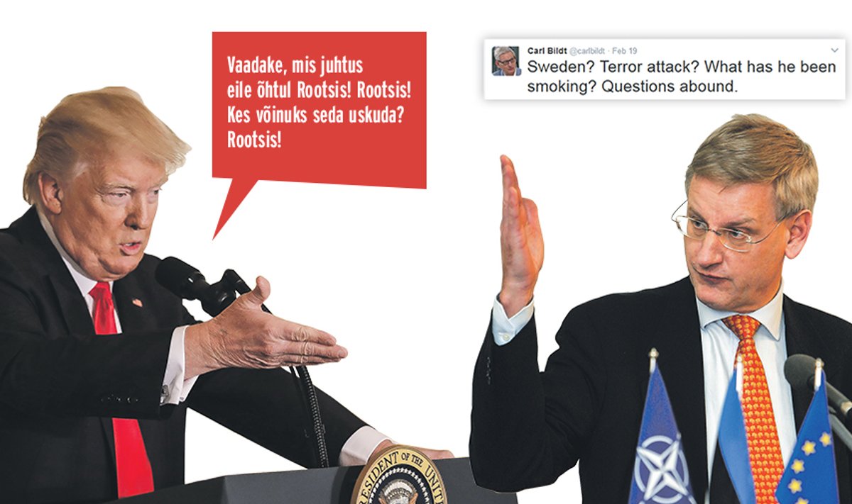 Donald Trumpi (vasakul) öeldust võis jääda mulje, justkui oleks ta viidanud Rootsis eelmisel päeval toimunud terrorirünnakule. Rootsi ekspeaminister Carl Bildt reageeris Twitteris teravalt: „Rootsi? Terrorirünnak? Mida ta suitsetanud on?"