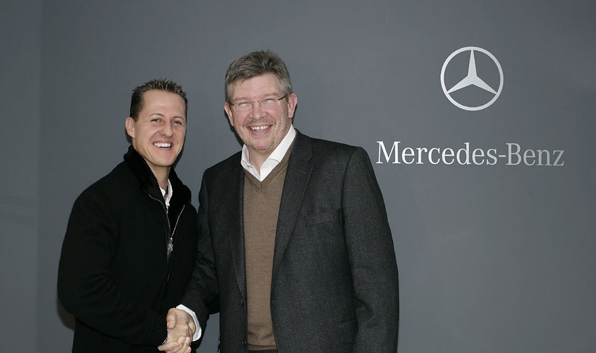 Michael Schumacher ja Ross Brawn 2009. aastal Brawn GP tiimi kontoris Inglismaal.