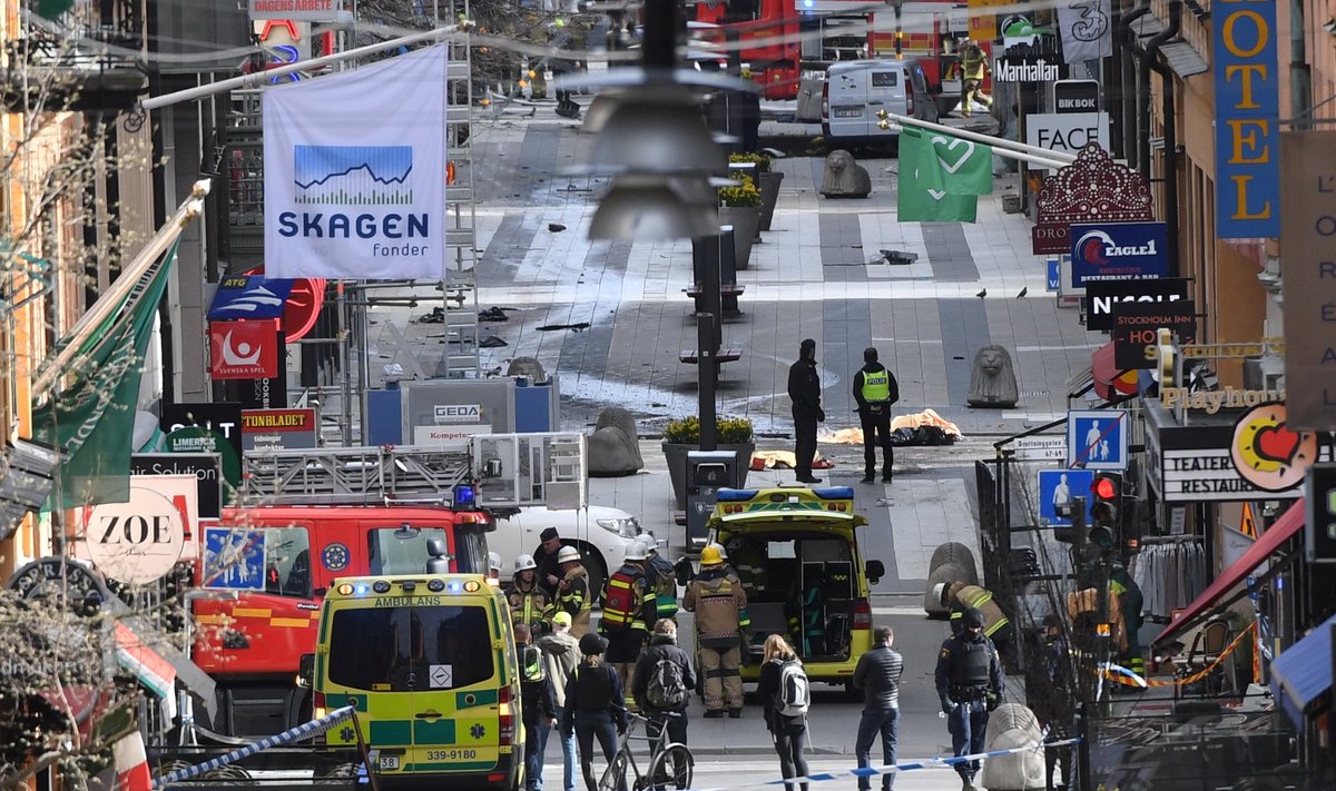 A view of the street where several people were killed and injured when a truck crashed into department store Ahlens, in central Stockholm