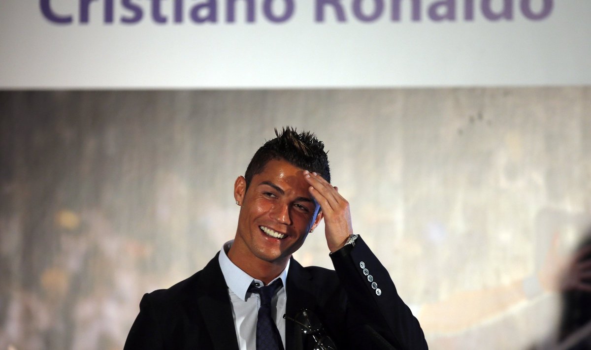Real Madrid's Ronaldo speaks during a ceremony at Santiago Bernabeu stadium in Madrid