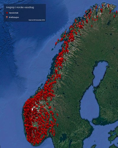 Карта расположения гидроэлектростанций в Норвегии