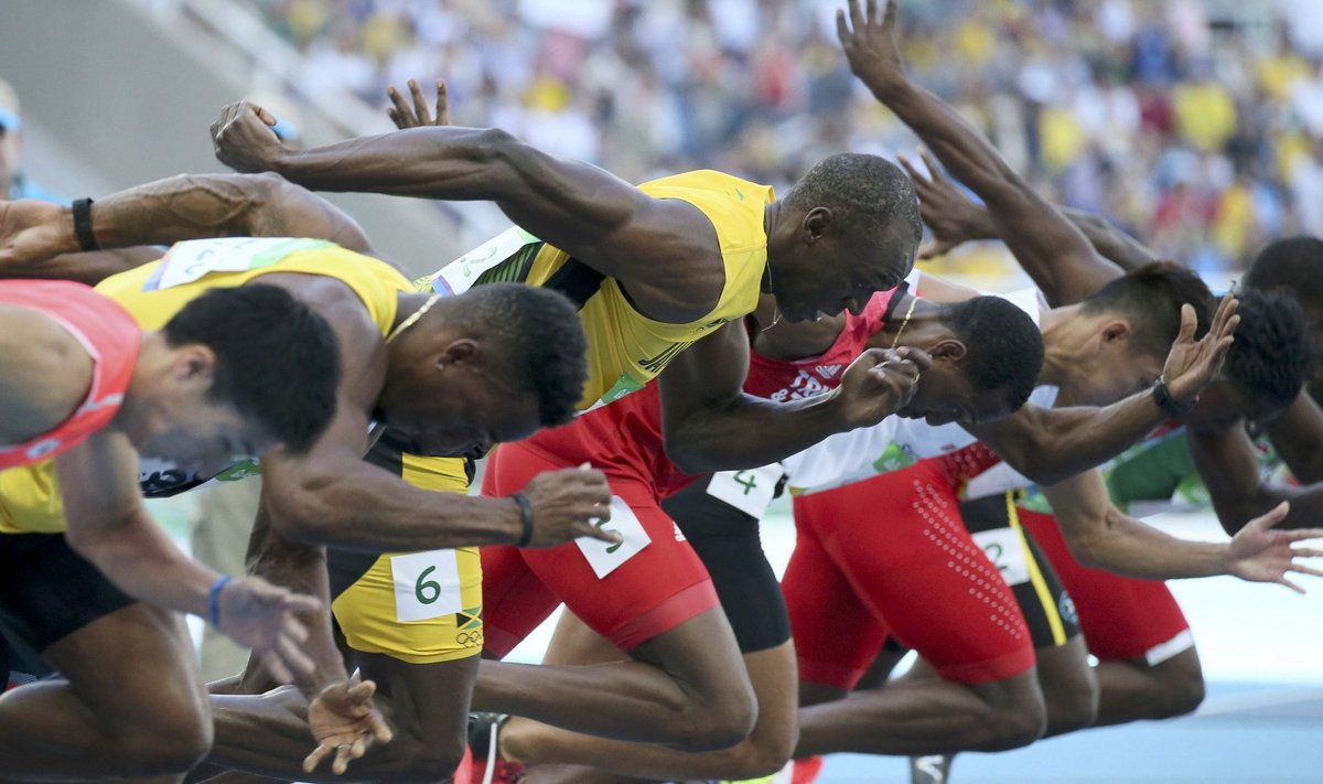 Rio olümpia 100 m eeljooksu start, Usain Bolt on vasakult kolmas.