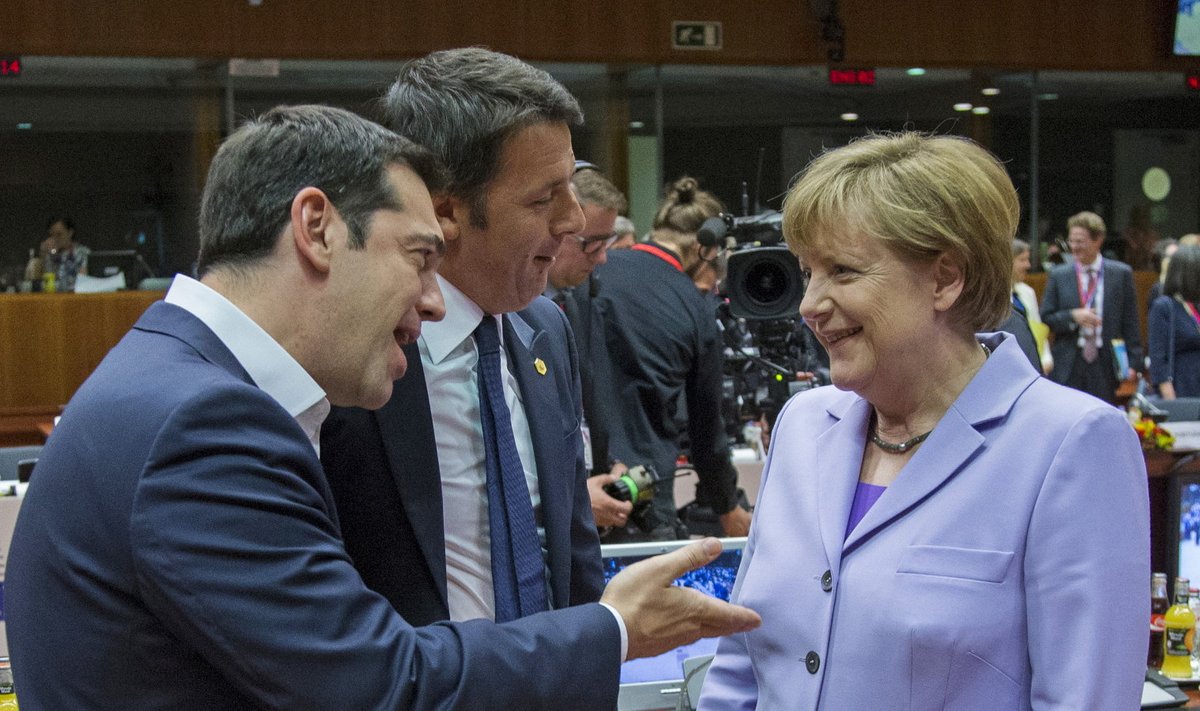 Kreeka peaminister Alexis Tsipras, Itaalia peaminister Matteo Renzi ja Saksamaa liidukantsler Angela Merkel Brüsselis Euroopa Ülemkogul