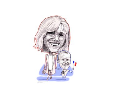 Brigitte Trogneux ja Emmanuel Macron. Joonistas Aivar Juhanson.