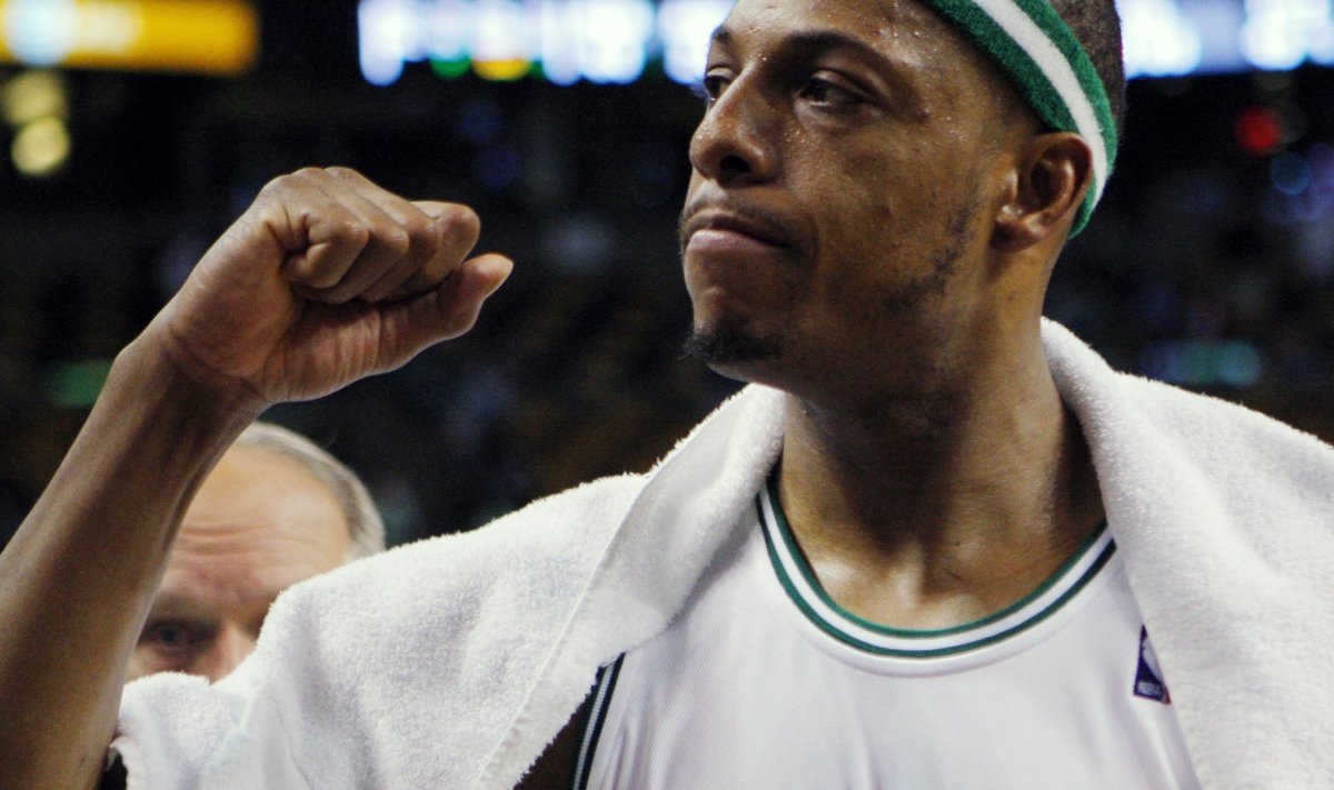 Boston Celtics Pierce pumps his fist as he walks off the court at the end of the Celtics' overtime win against the Chicago Bulls in Game 5 in Boston