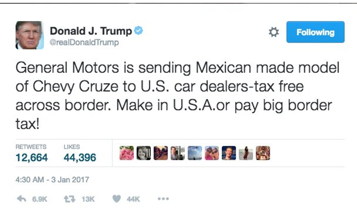 Trump pahandas jaanuari alguses oma säutsus General Motorsiga Mehhikos tootmise pärast.