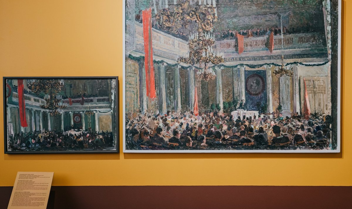 Elmar Kits maalis visandi tööle, mille plaanis esitada üleliidulisele näitusele. Näitusel on töö eksponeeritud kõrvuti Leili Muuga maaliga Mendelejevist ülikooli aktusel.