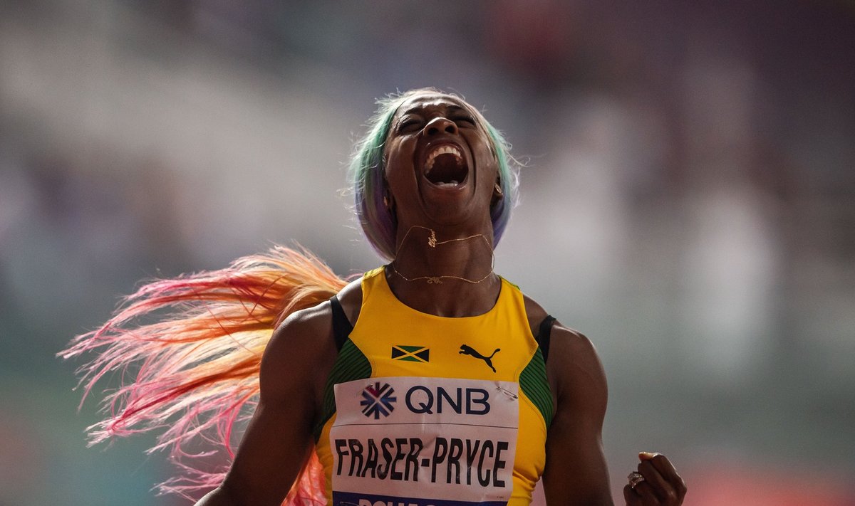 190929 Shelly-Ann Fraser-Pryce of Jamaica celebrates after competing in women"!s 100m final during day 3 of the IAAF Wor