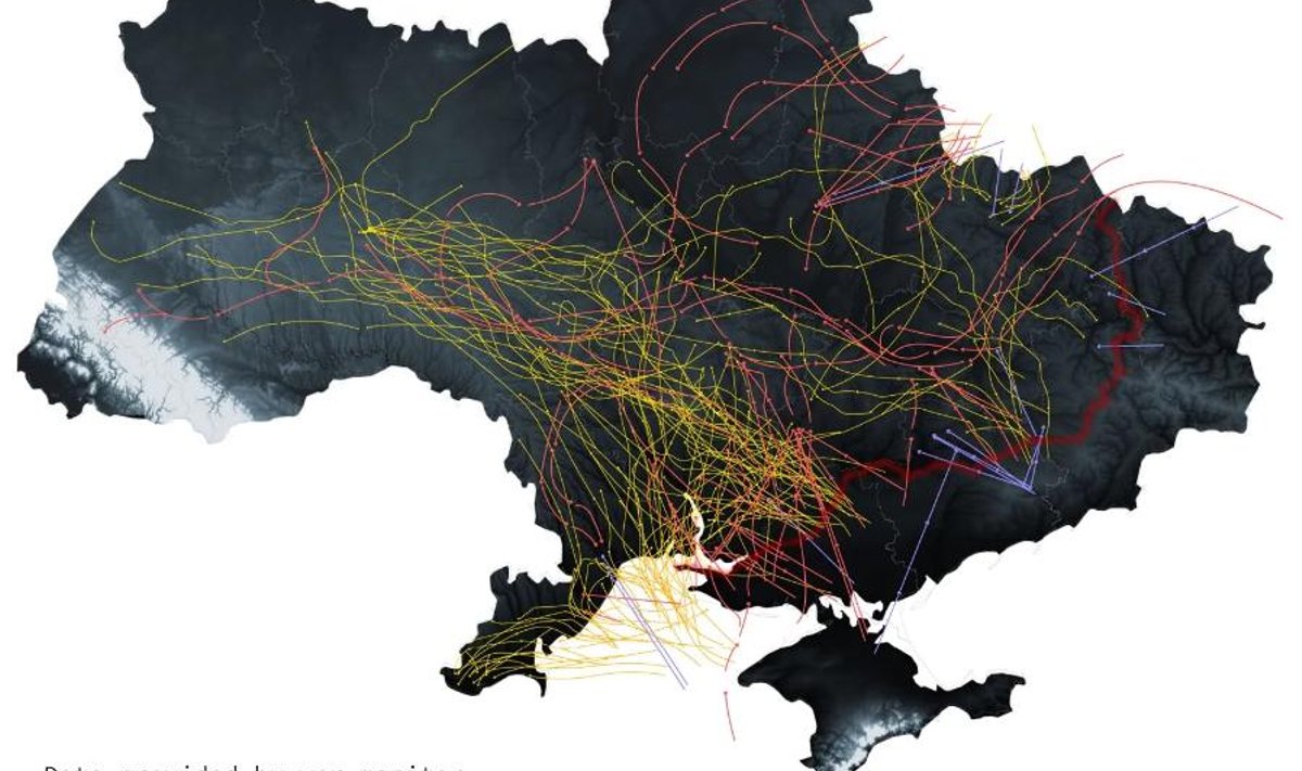 KAKS KUUD RÜNNAKUID: Ukraina väljaanne Texty koondas tänavu septembris ja oktoobris tehtud droonide ja rakettide ründeteekonnad ühele kaardile. Nende alguspunkt on kõige sagedamini Krimm.