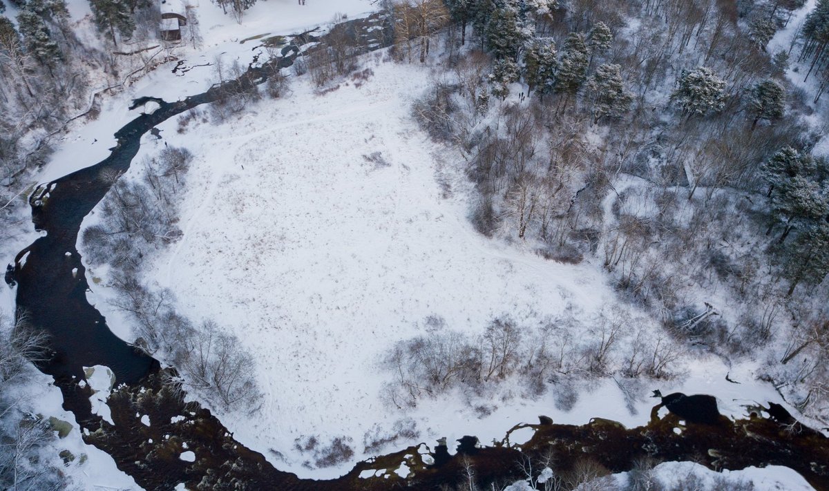 Droonifotod Pirita jõest ja lumisest metsast.