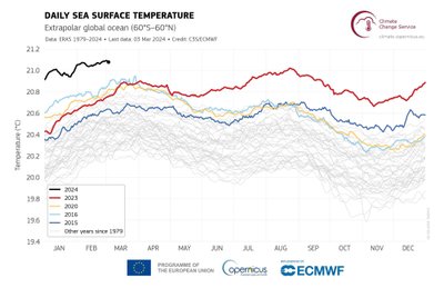 Merepinna päevane keskmine temperatuur polaarjoonte vahel 2015. aastal (tumesinine), 2016. aastal (helesinine), 2020. aastal (kollane), 2023. aastal (punane) ja 2024. aastal (must joon). Kõik ülejäänud aastad ajavahemikus 1979-2022 on näidatud hallide joontega. Andmeallikas: ERA5.