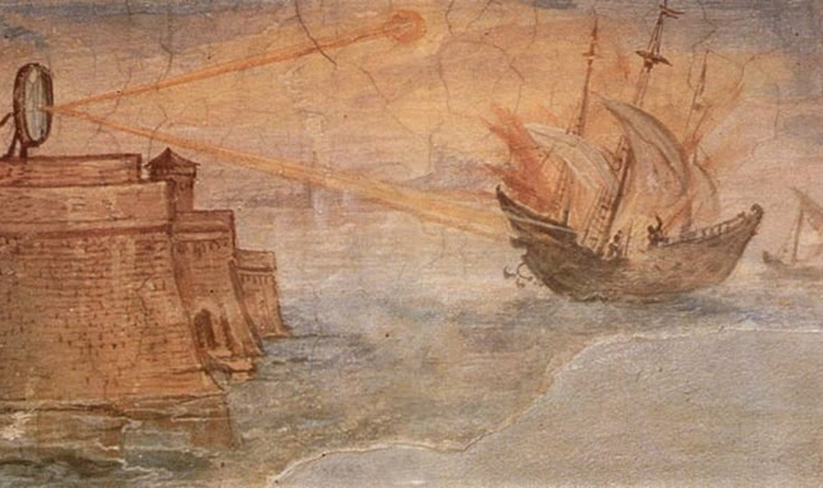 Kunstnik Giulio Parigi 1600. aastal valminud seinamaal Firenzez asuvas Uffizi galeriis: Archimedes peegliga süütamas Rooma sõjalaeva. 