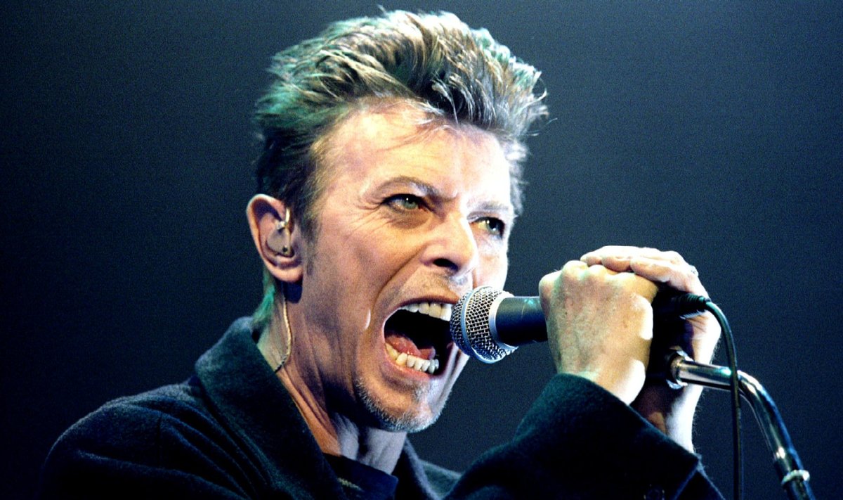 British Pop Star David Bowie screams into the microphone as he performs on stage during his concert in Vienna