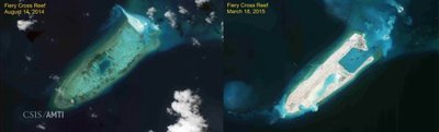 Handout satellite combo of Fiery Cross Reef in the South China Sea