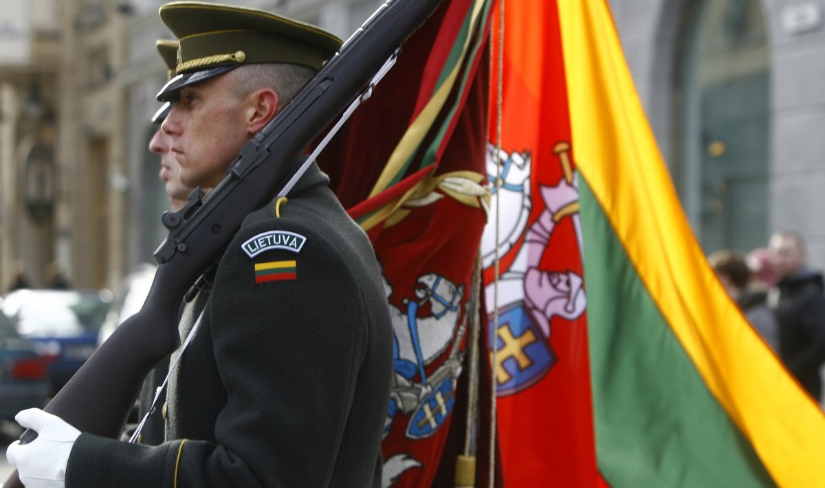 Lithuania's Army soldiers march during independence restoration celebrations in Vilnius