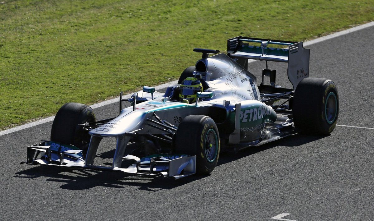 Nico Rosberg drives the new Mercedes W04 Formula One car around the track before it's official presentation at the Jerez racetrack in southern Spain