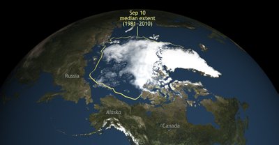 Arktilise merejää ulatus eelmise aasta septembris. Kollane joon tähistab keskmist ulatust aastail 1981-2010. 