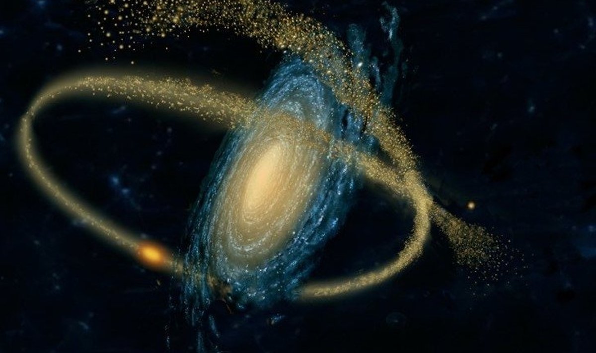 Kunstniku nägemus sellest, kuidas spiraalgalaktika poolt "kinni püütud" väiksemad satelliitgalaktikad on moondunud pikenenud, tähtedest koosnevateks struktuurideks, mida nimetatakse loodeliseks vooluks. Pilt: Jon Lomberg