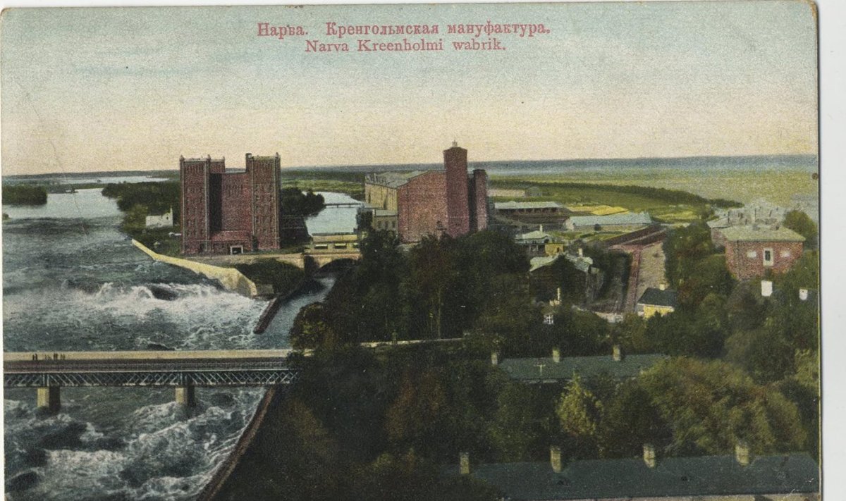 Kreenholmi vabriku hooned ja Narva kosk enam kui sajandi eest.
