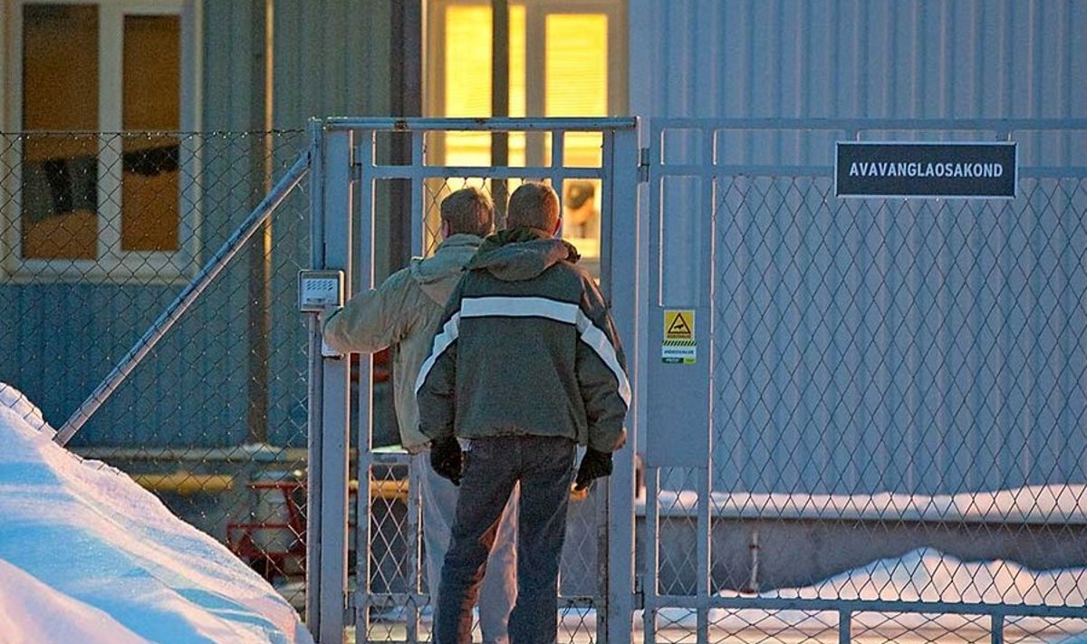 Rummu, 17. Jaanuar 2011: Vägistamiste eest karistust kandvad vennad Paalbergid omapäi avavangla värava taga.