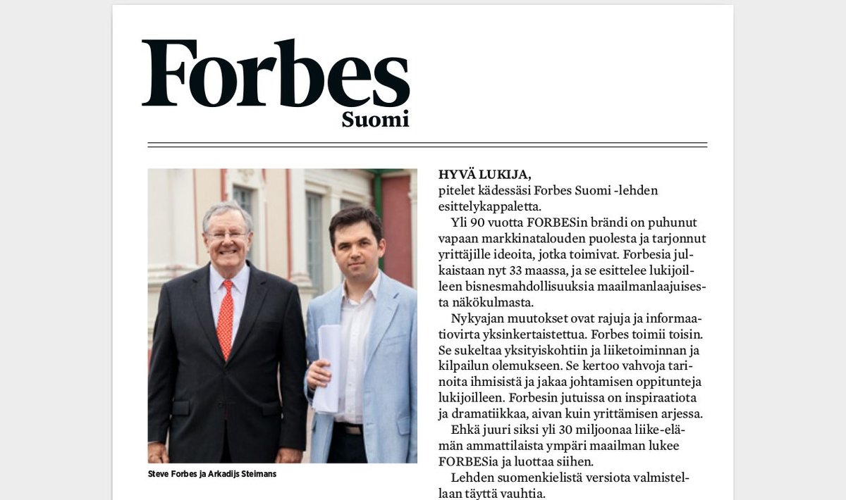 Soome Forbesi näidisnumbri algusleheküljel poseerivad koos ajakirja asutaja Steve Forbes ning ajakirja Baltimaades ja Soomes välja andev Arkadijs Steimans.