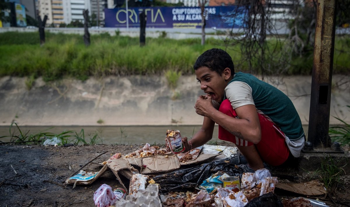 Jesus (16) sööb toitu, mille leidis pagarikoja prügikotist. Pilt on tehtud Venezuela pealinnas Caracases 10. novembril 2018. Raske majandus- ja sotsiaalkriisi tõttu kubisevad Caracase tänavad kodututest lastest.