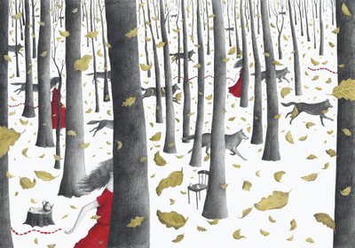 Horvaatia kunstniku Lucija Mrljaki piltidel jooksevad punastes kleitides naised metsas huntidega võidu.