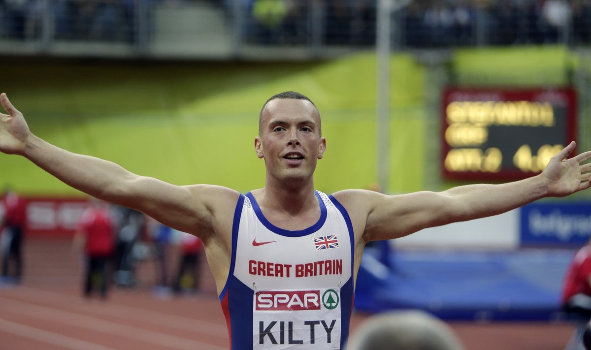 Kilty of Britain celebrates after winning the men's 60 metres final during the European Indoor Championships in Prague