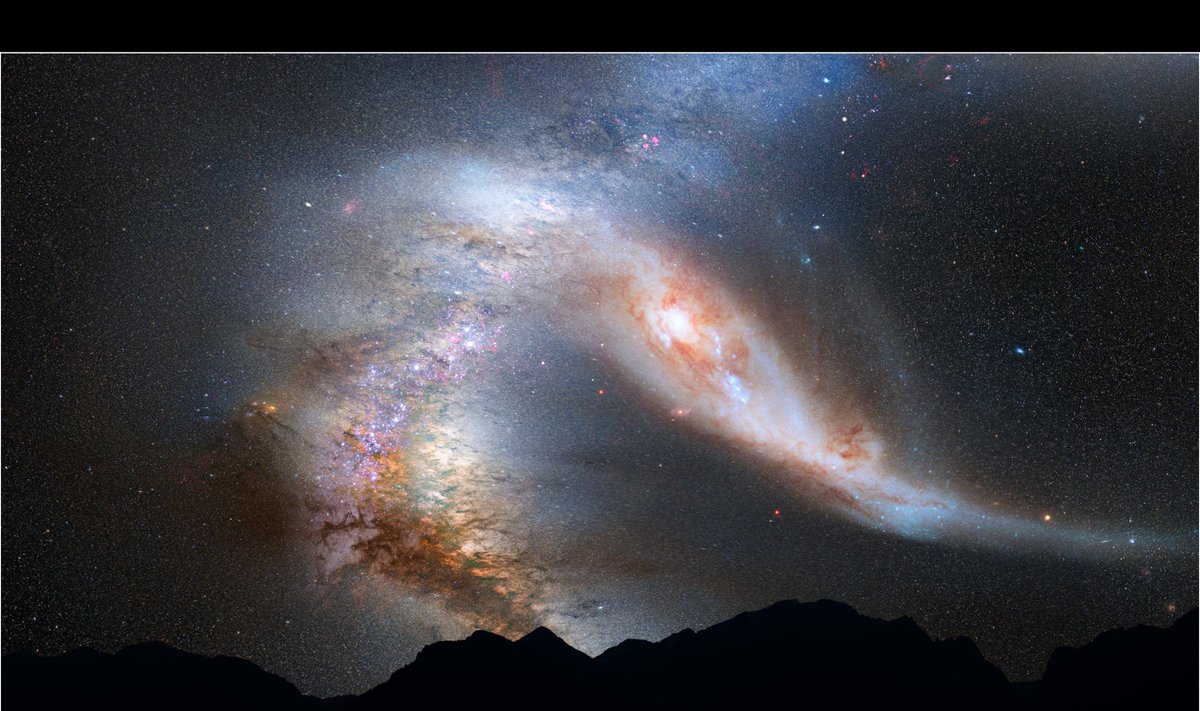 Arvutisimulatsioonide põhjal kunstniku tehtud pilt Andromeeda galaktika põrkest Linnutee galaktikaga. Pildil kujutatust kolme miljardi aasta pärast on Andromeeda ja Linnutee galaktikad ühinenud ja moodustavad suure elliptilise galaktika.