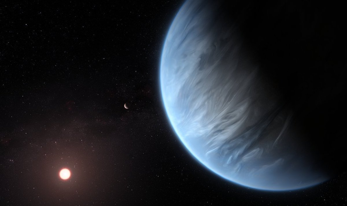 Kunstniku nägemus K2-18b-st, vasakul näha punane kääbustäht K2-18, mille ümber planeet tiirleb.