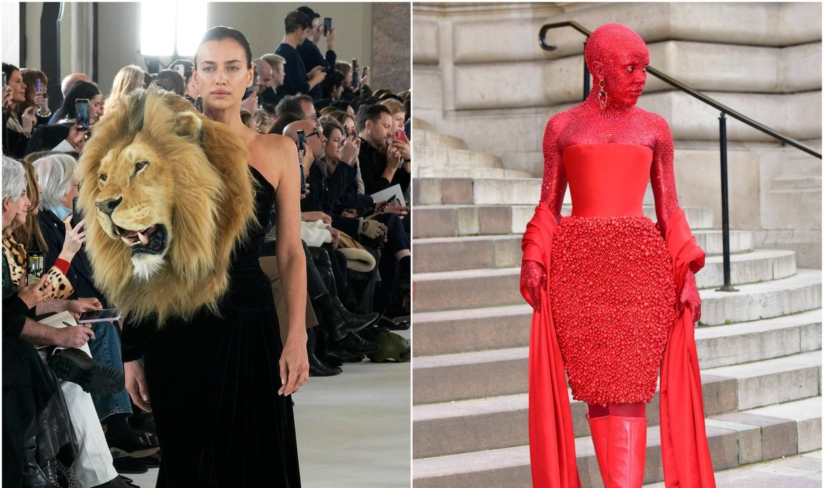 TOPELTJAMA: Vasakul on vene supermodell Irina Shayk, kes on kaudselt avaldanud toetus Vene armeele Ukrainas. Siin kannab ta Pariisi moenädala kõige skandaalsemat kleiti Schiaparelli moemaja loomingust. Vene modell ja lõvi peaga kleit olid mõlemad skandaalide keskmes. Paremal sama moemaja looming.