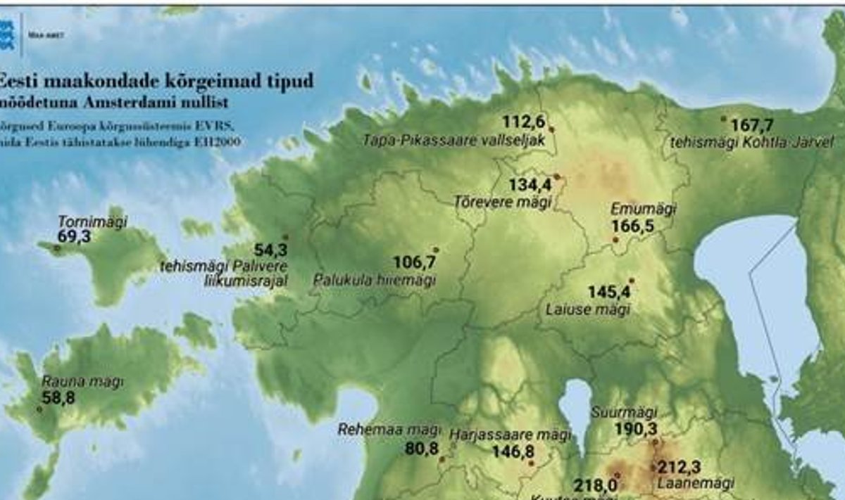 Eesti maakondade kõrgeimad tipud mõõdetuna Amsterdami nullist. (ekraanitõmmis)