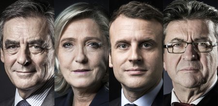 Fillon (paremalt), Le Pen, Macron, Mélenchon